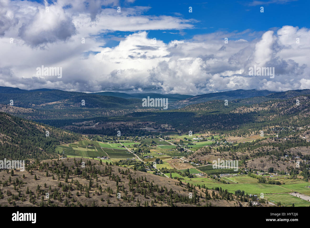 Orchards Vineyards and famland from Giants Head Mountain near Summerland British Columbia Canada on a summer day Stock Photo