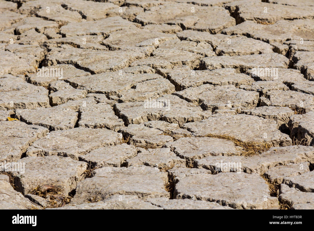 Dry ground on Zayandeh river in Iran during the summer 2016 drought  Picture of crackeled ground caused by an exceptionnaly warm and dry period in sum Stock Photo