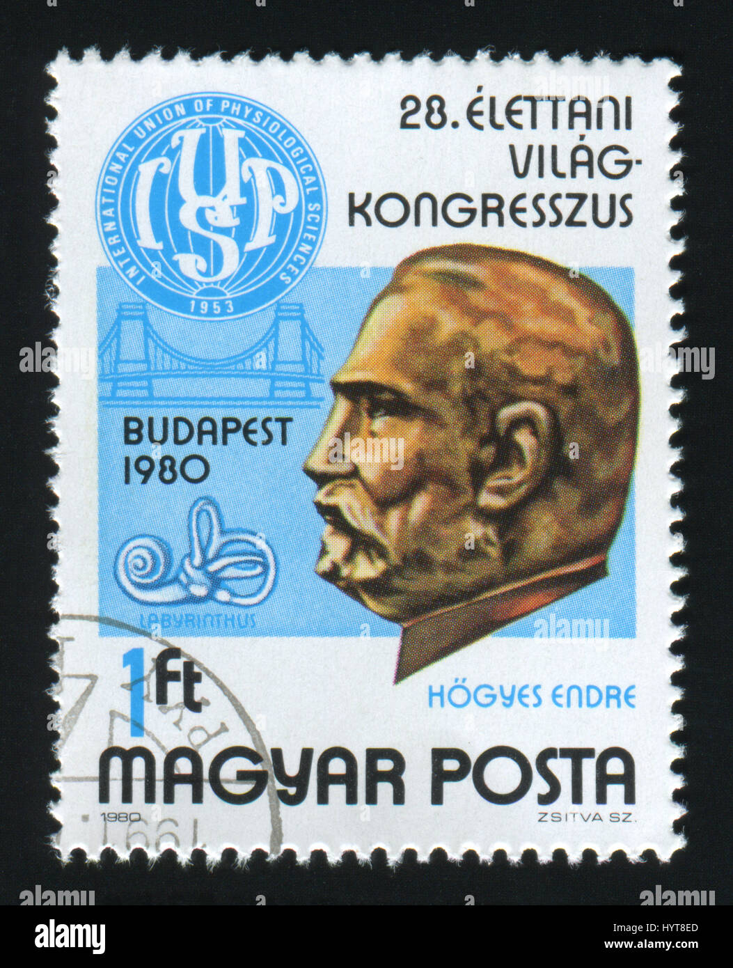 HUNGARY - CIRCA 1980: A post stamp printed in Hungary, i shows Endre Hogyes and Congress Emblem, circa 1980. Stock Photo
