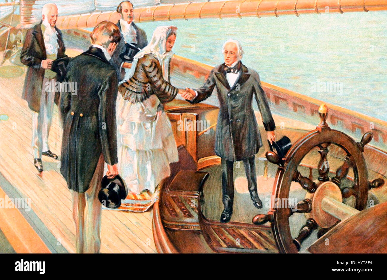 Queen Victoria on Board the America - Her Majesty Queen Victoria congratulates John Cox Stevens, Commodore of the New York Yacht Club, aboard the yacht America, winner of the £100 Cup. Colonel James A Hamilton, Lord Alfred Paget, Commodore John C Stevens, 1851. Original America's Cup Stock Photo