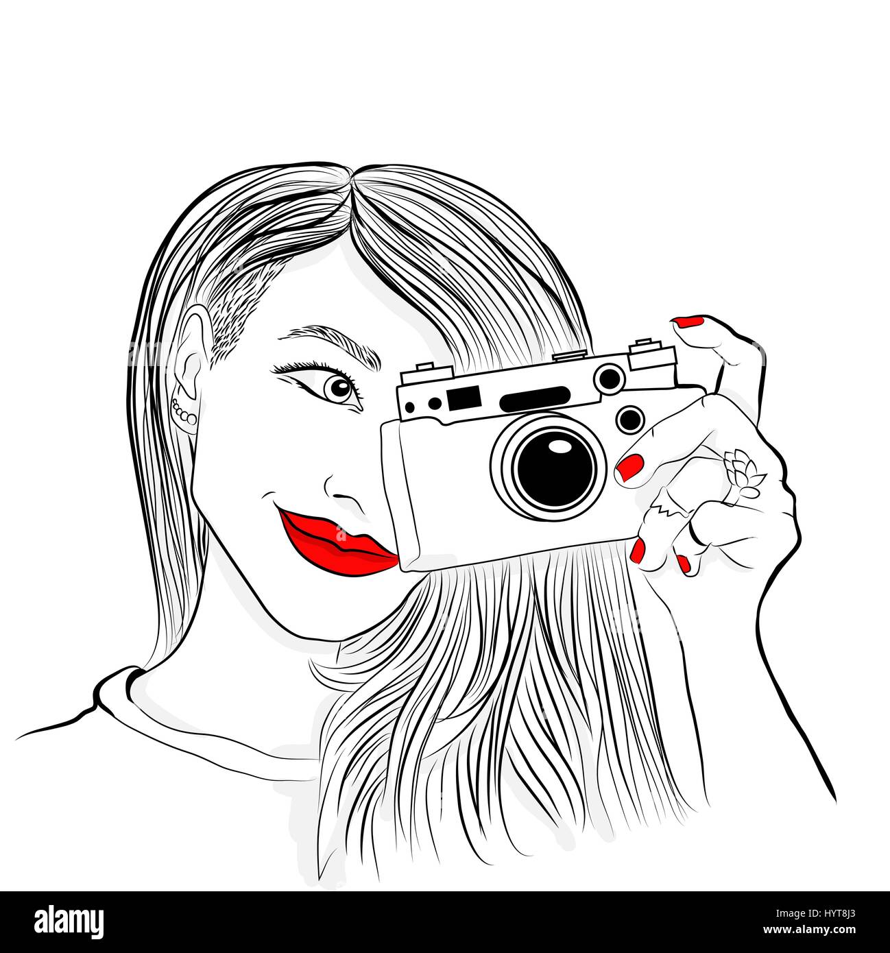 Monochrome vector illustration. Beautiful girl with red lips and nails. Smiling photographer with old camera. Stock Vector