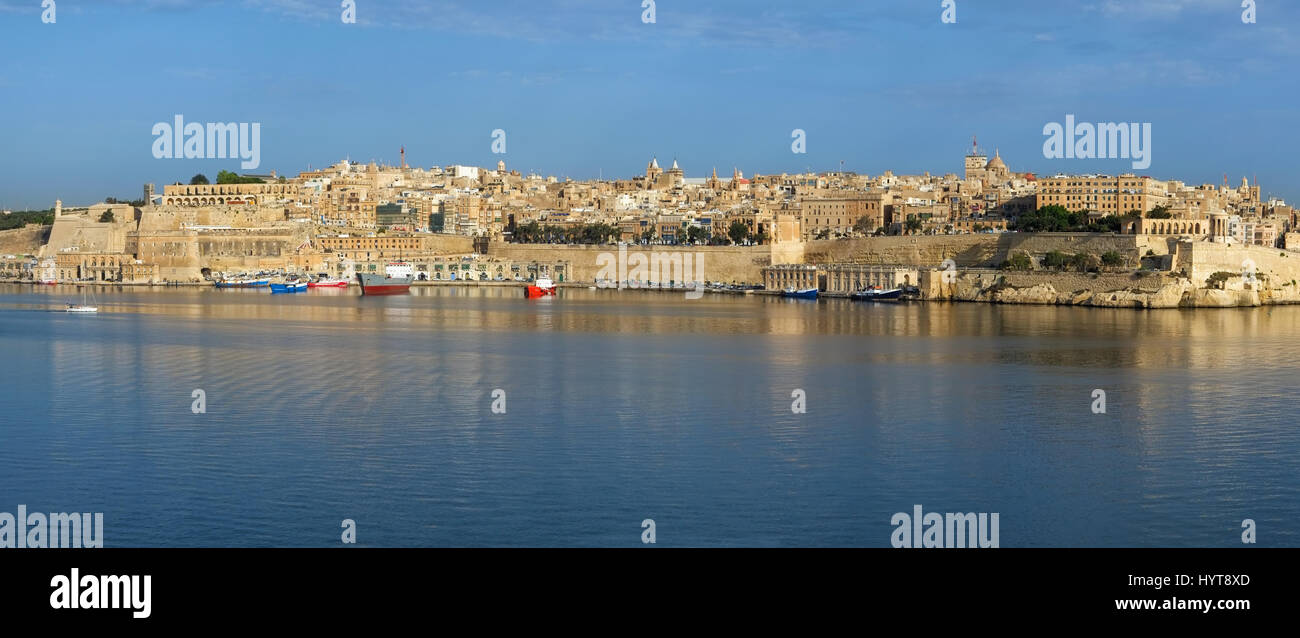 The panoramic view of Valletta capital city over the water of Grand harbor from the Kalkara penincula. Malta Stock Photo