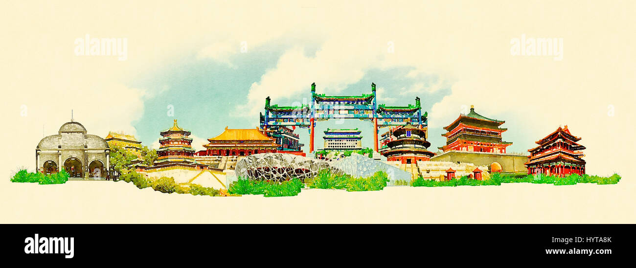 high resolution panoramic watercolor BEIJING city illustration Stock Photo