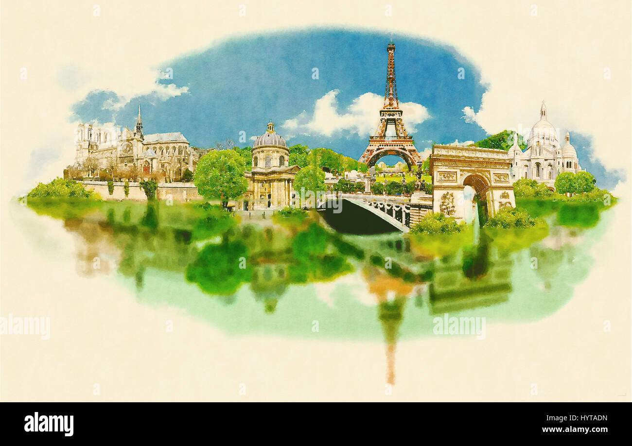 high resolution panoramic watercolor PARIS city illustration Stock Photo