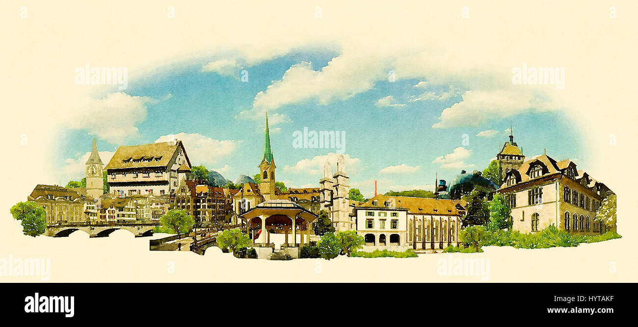 high resolution panoramic water colour ZURICH city illustration Stock Photo