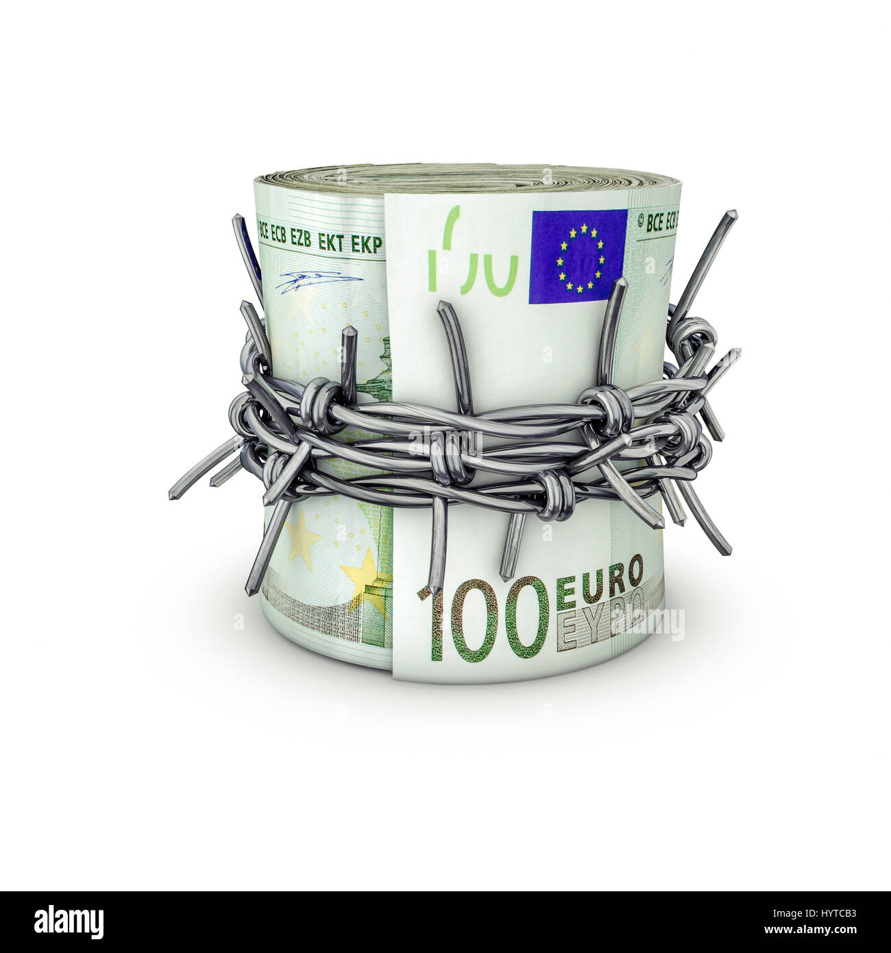 Forbidden money euros / 3D illustration of rolled up hundred euro notes tied with barbed wire Stock Photo