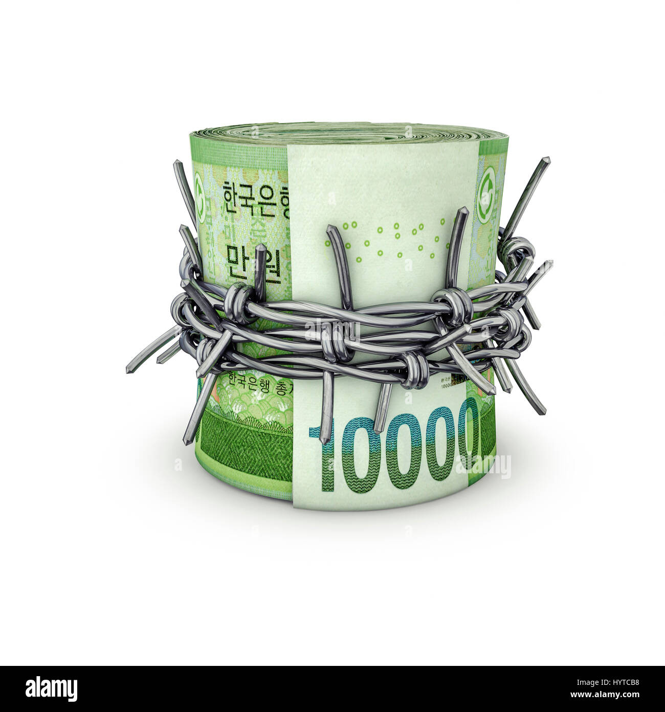 Forbidden money South Korean won / 3D illustration of rolled up South Korean ten thousand won notes tied with barbed wire Stock Photo