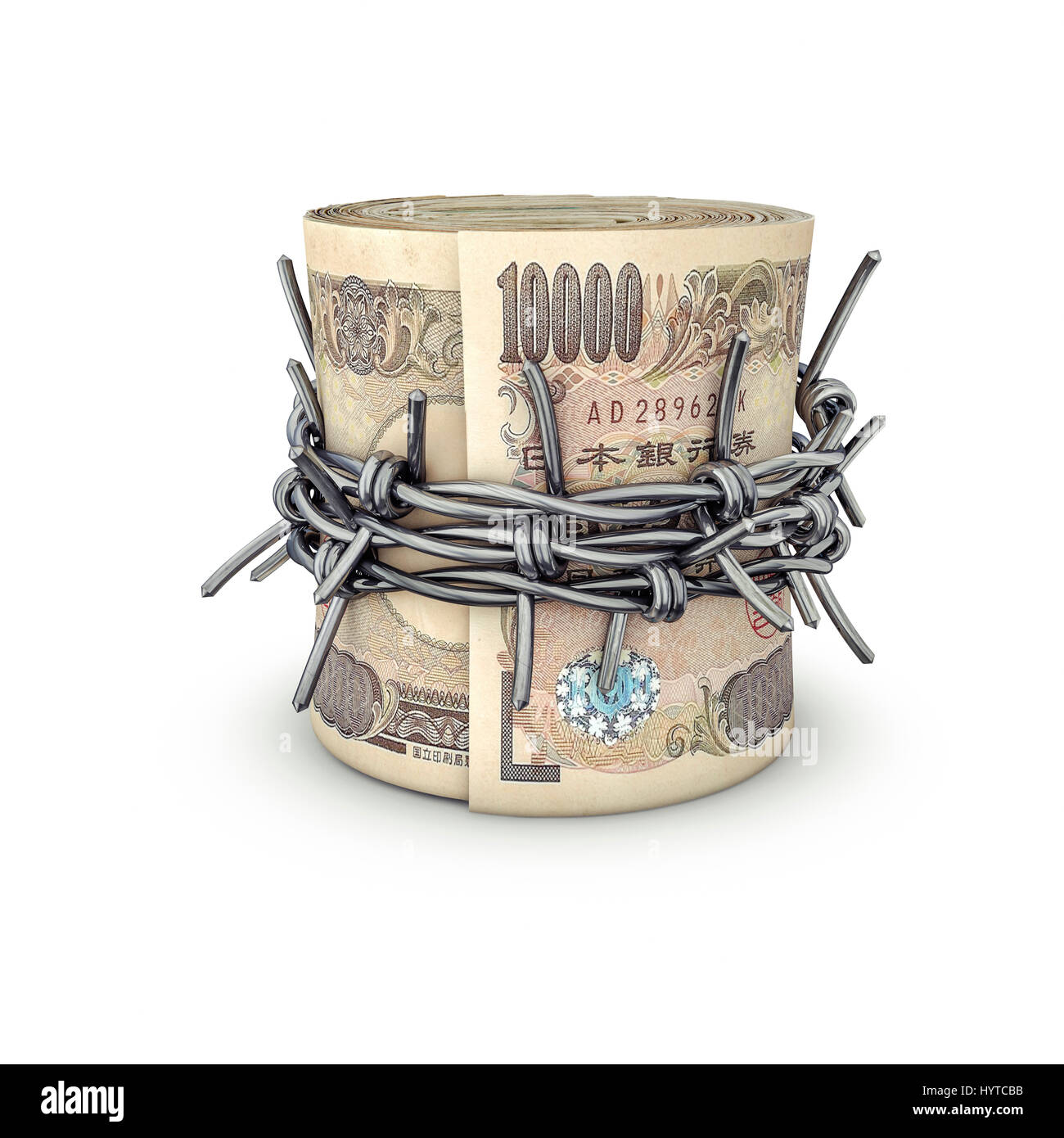 Forbidden money yen / 3D illustration of rolled up ten thousand yen notes tied with barbed wire Stock Photo