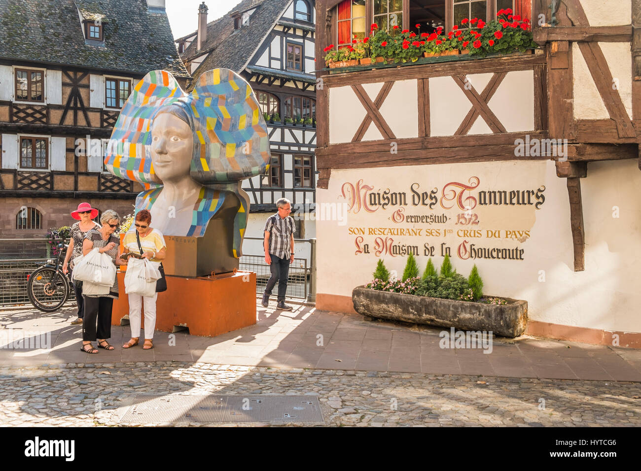 tourists in front of la maison des tanneurs, la maison de la choucroute, restaurant, Stock Photo