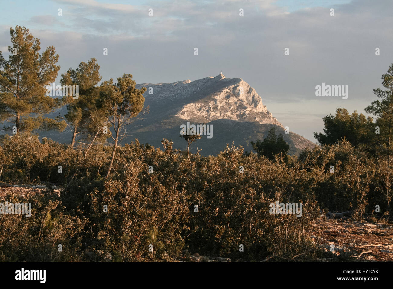 Sainte Victoire mount taken from its surrounding forest at sunset in winter. Sainte Victoire mountain is one of the symbols of the city of Aix-en-Pro Stock Photo