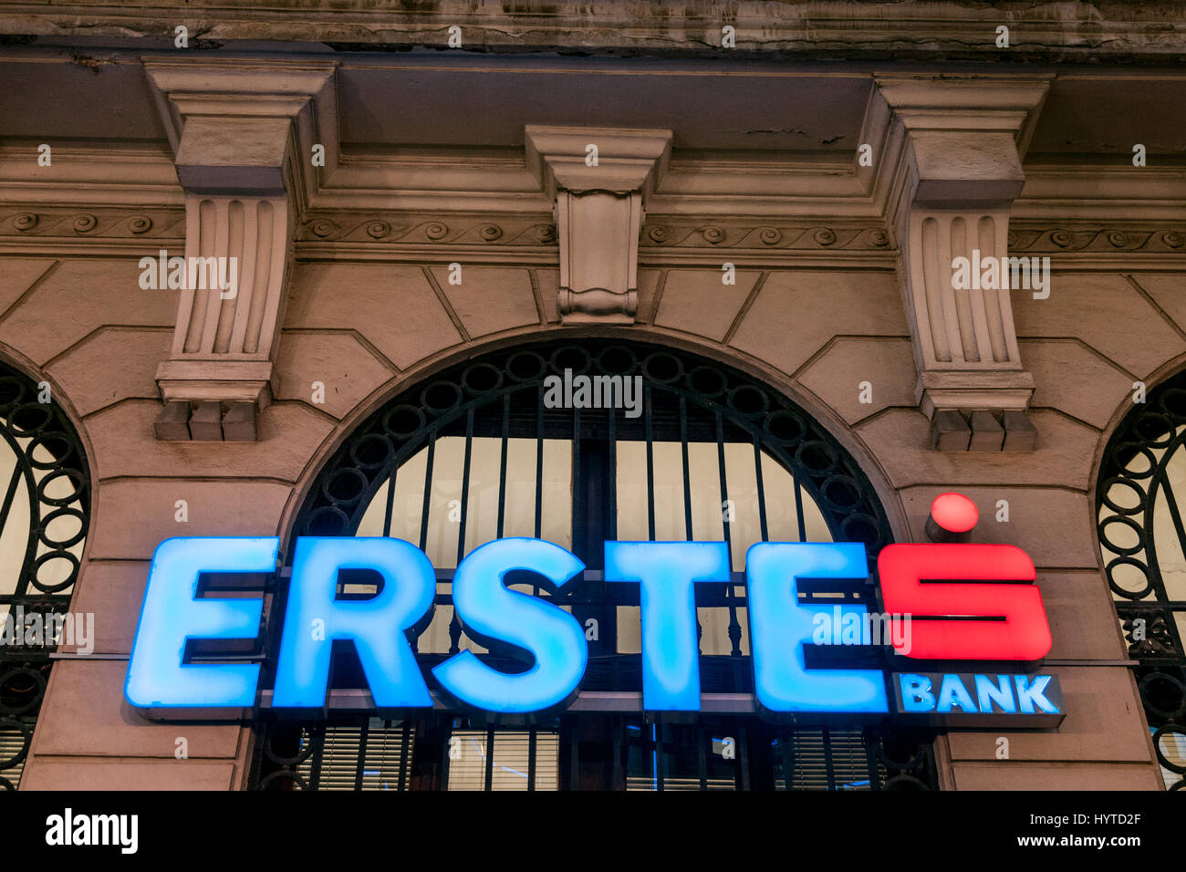 BELGRADE, SERBIA - MARCH 29, 2017: Logo of Erste Bank at night on its Serbian Headquarters in Belgrade  Picture of the logo of the Austrian Bank Erste Stock Photo