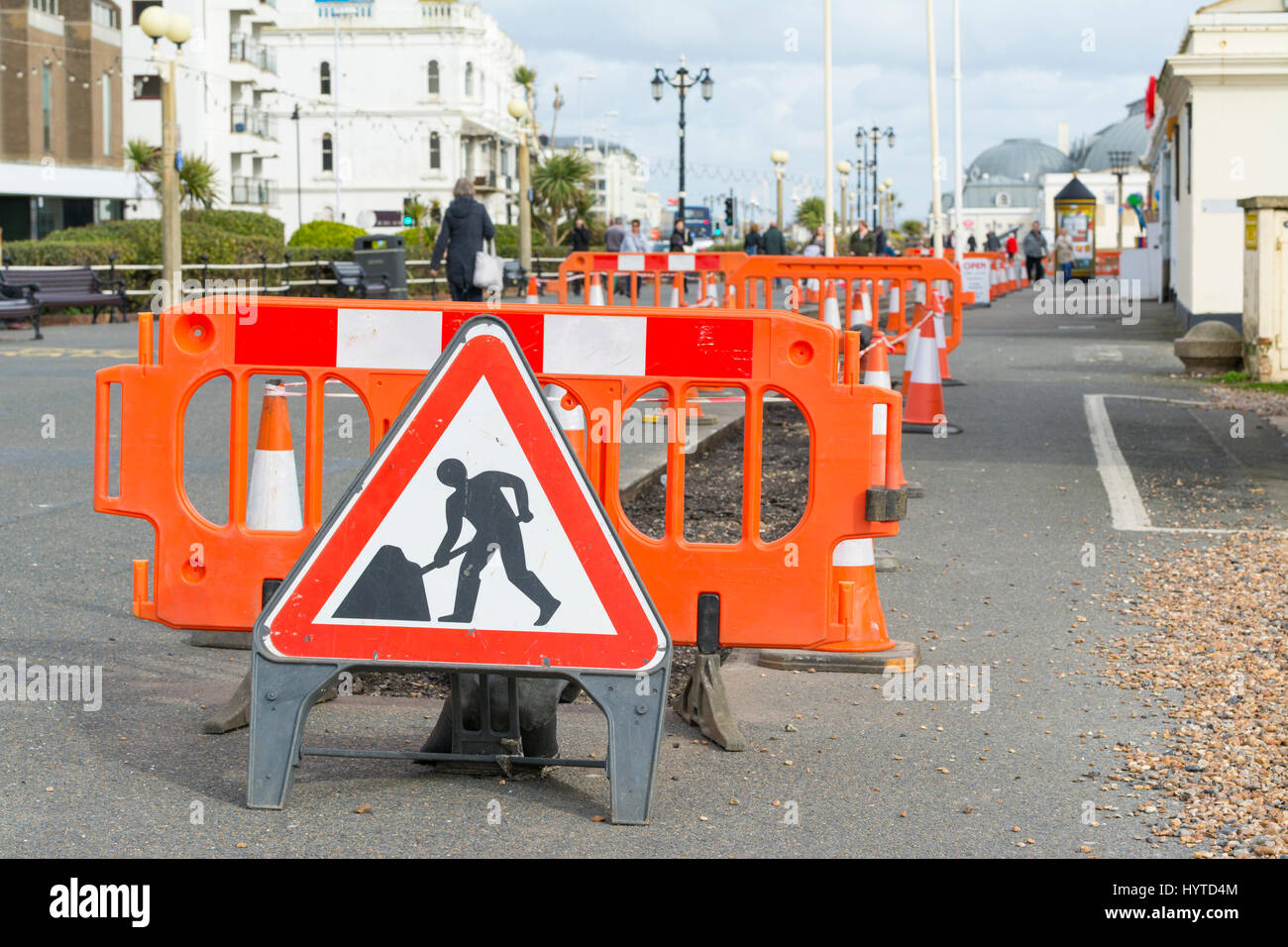 Pavement blocked by paving works on a path in the UK. Stock Photo