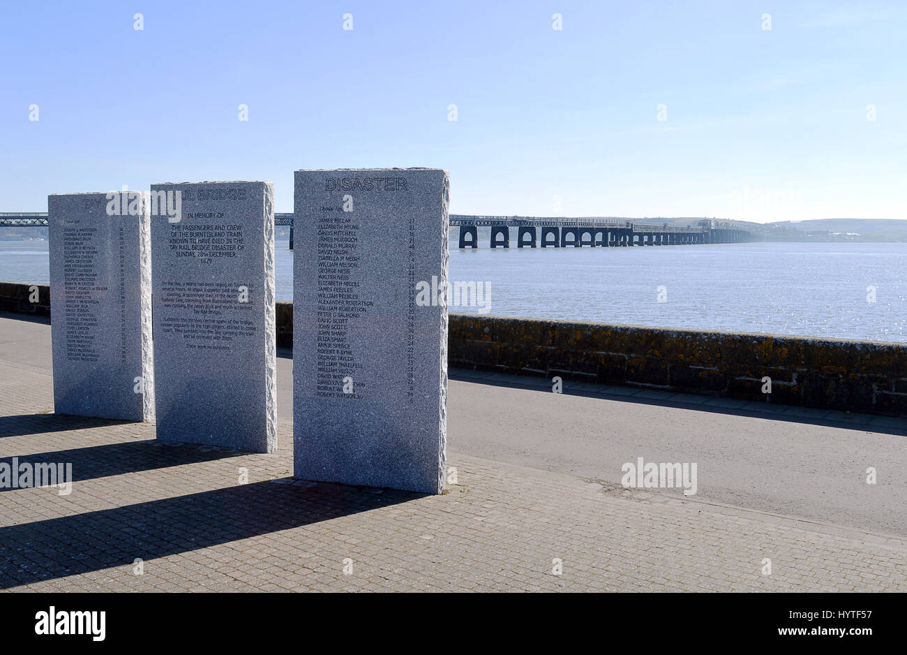 DUNDEE, SCOTLAND - MARCH 2017 The memorial to the dead of the 1879 Tay Rail Bridge disaster stands on the north shore of the River Tay Stock Photo