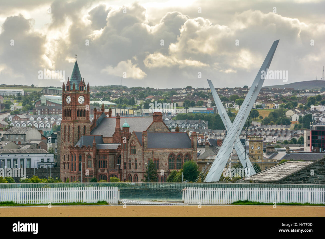 Scenic view of Londonderry, with Guildhall and Peace Bridge, Northern Ireland Stock Photo
