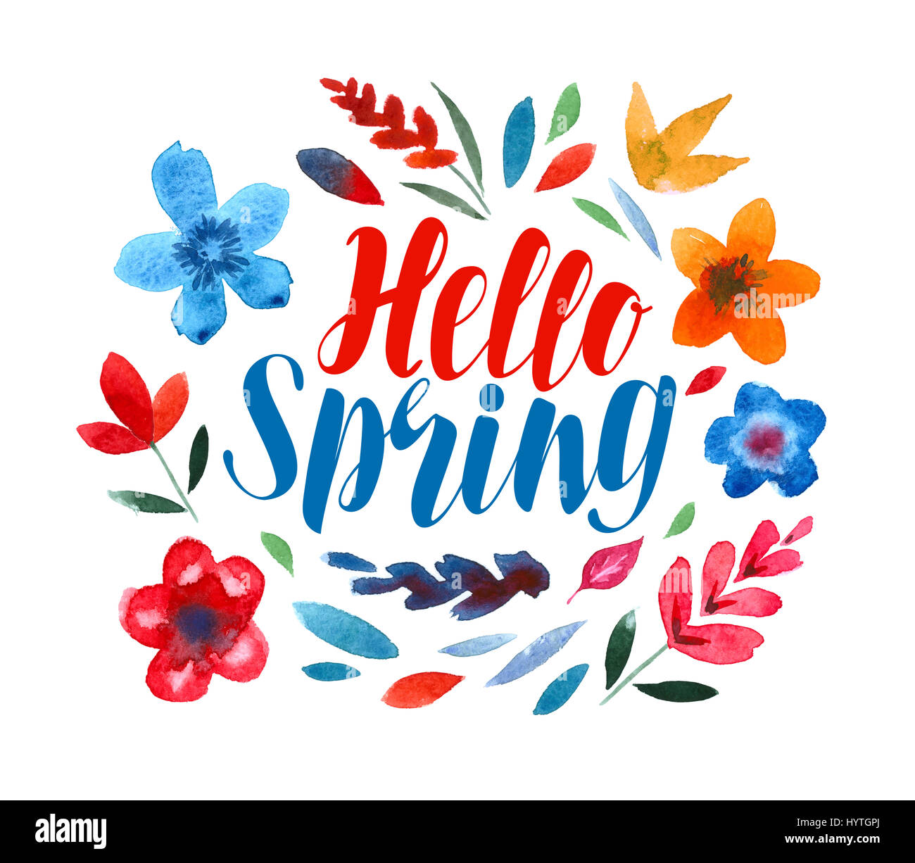 Hello spring, lettering. Flower pattern Stock Photo