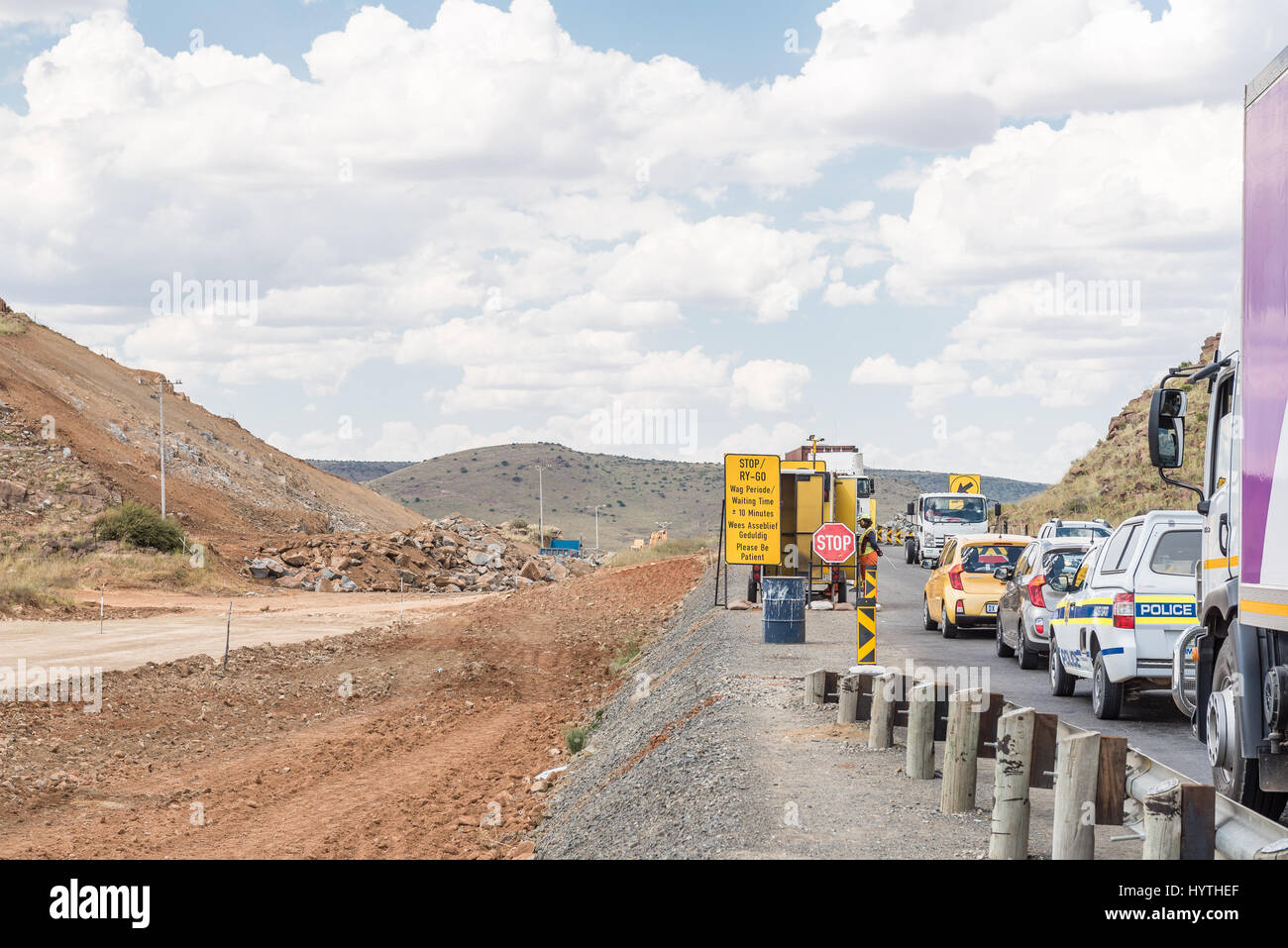 NOUPOORT, SOUTH AFRICA - MARCH 21, 2017: A traffic control point at roadworks on the N9 road between Noupoort and Middelburg Stock Photo