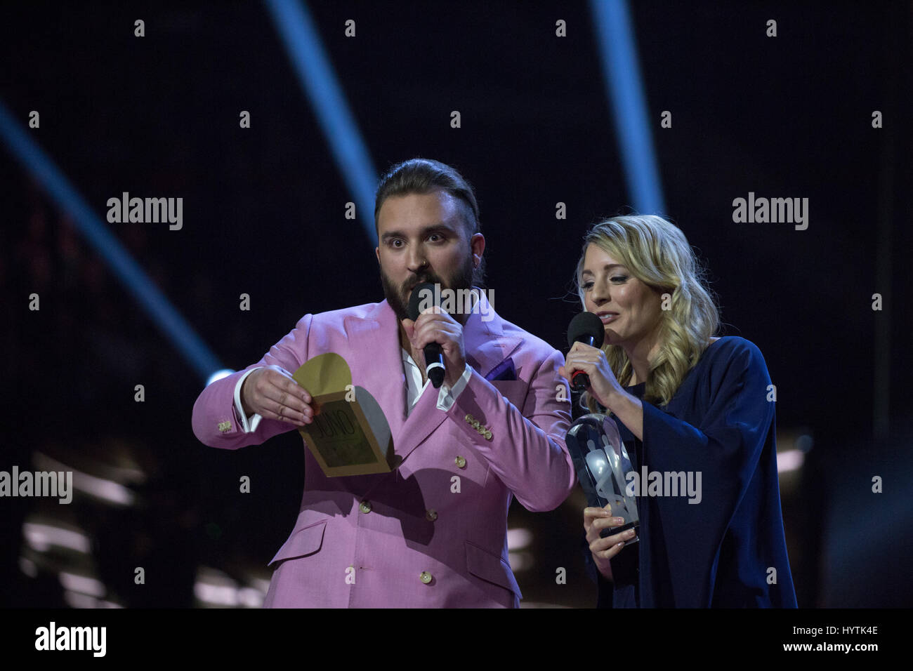 Musician Coleman Hell and Heritage Minister Mélanie Joly present Breakthrough Artist award at the 2017 Juno Awards. Stock Photo