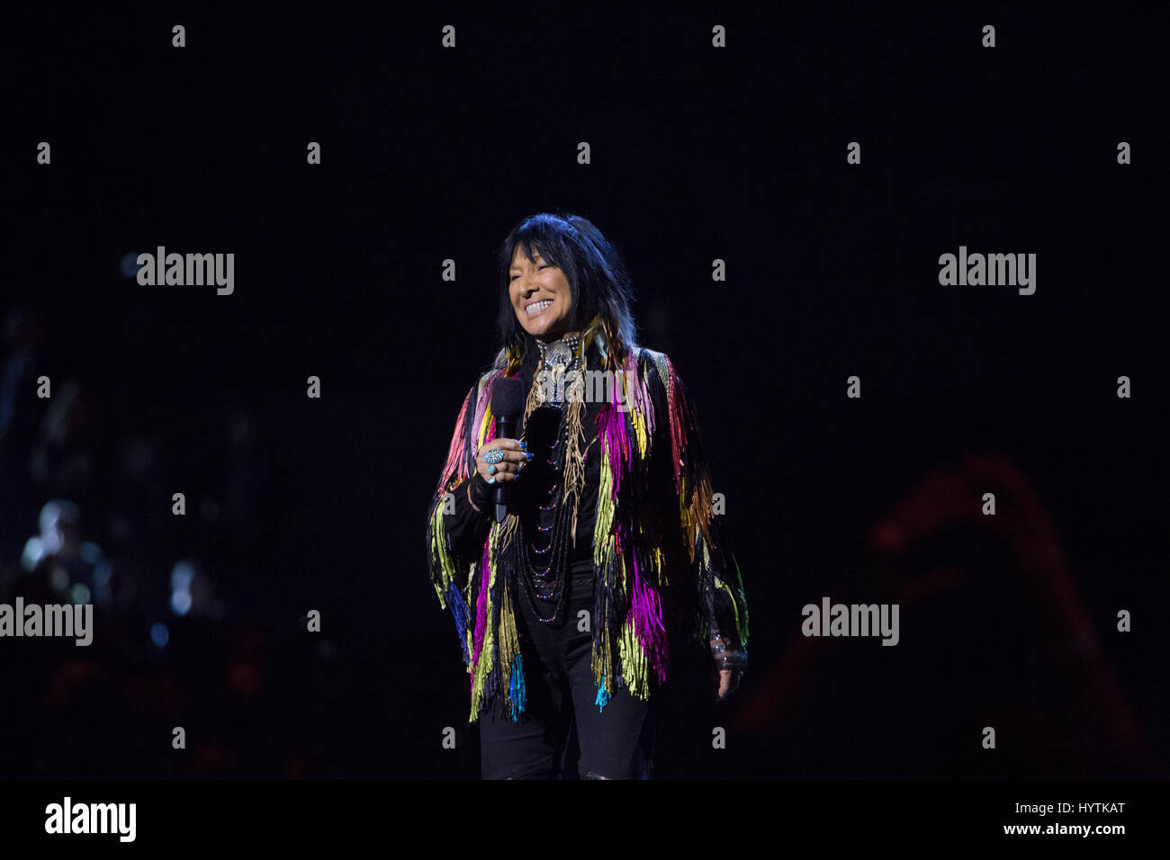 Humanitarian of the Year Award-winner Buffy Sainte-Marie introduces A Tribe Called Red at the 2017 Juno Awards. Stock Photo
