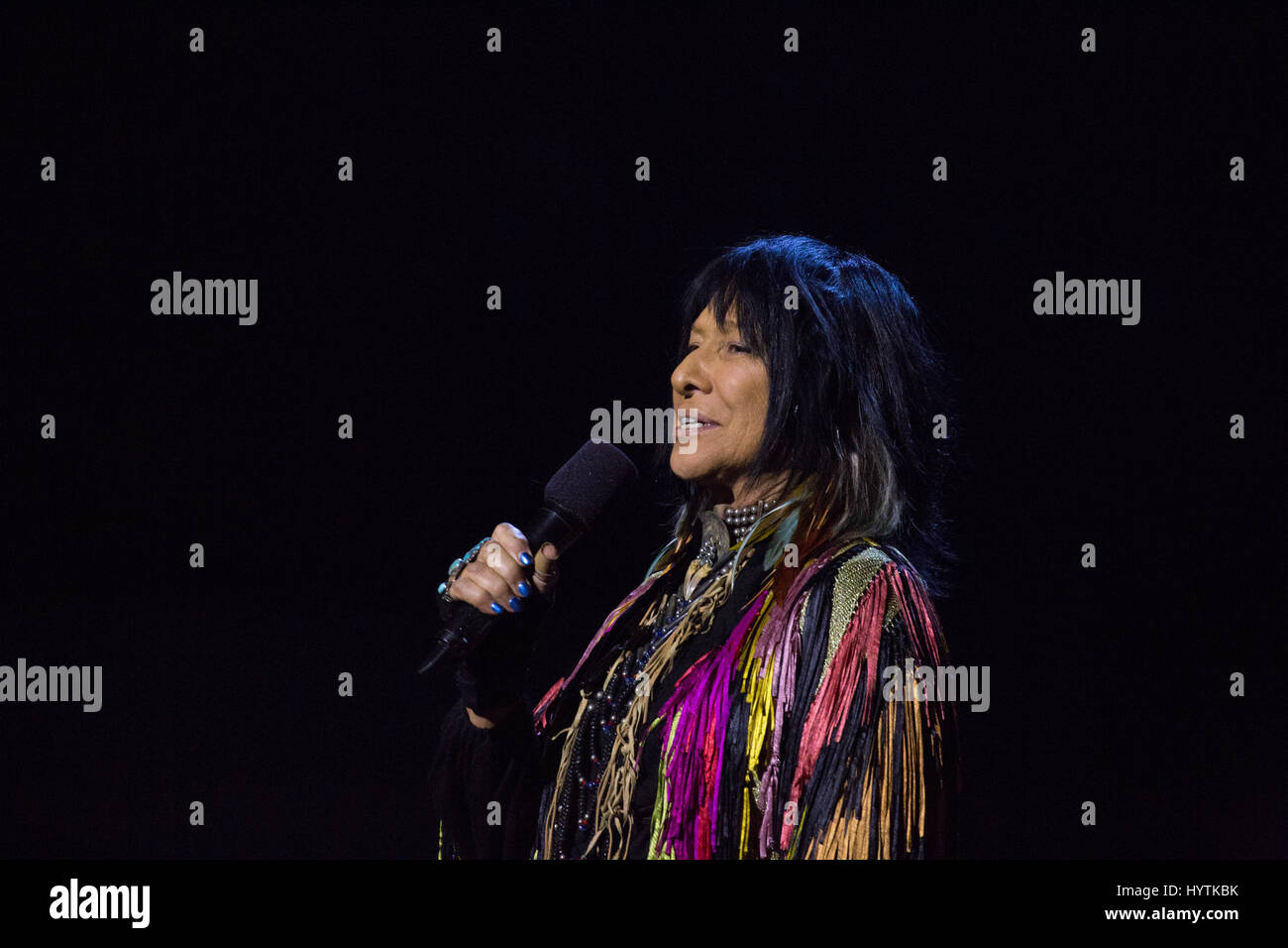 Humanitarian of the Year Award-winner Buffy Sainte-Marie introduces A Tribe Called Red at the 2017 Juno Awards. Stock Photo