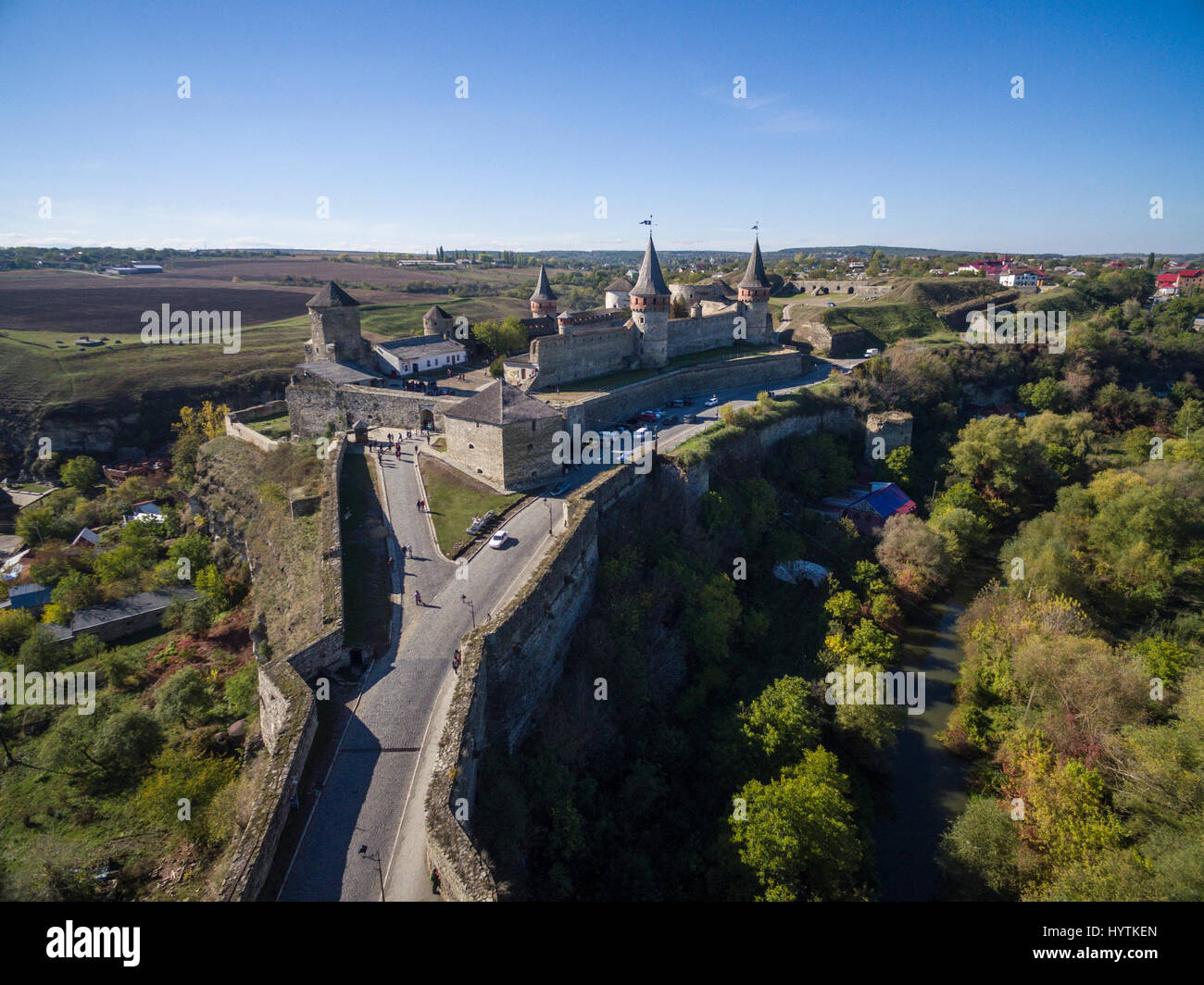 Aerial shot of Kamianets-Podilski castle in Western Ukraine. Taken on a bright clear autumn day with blue skies Stock Photo