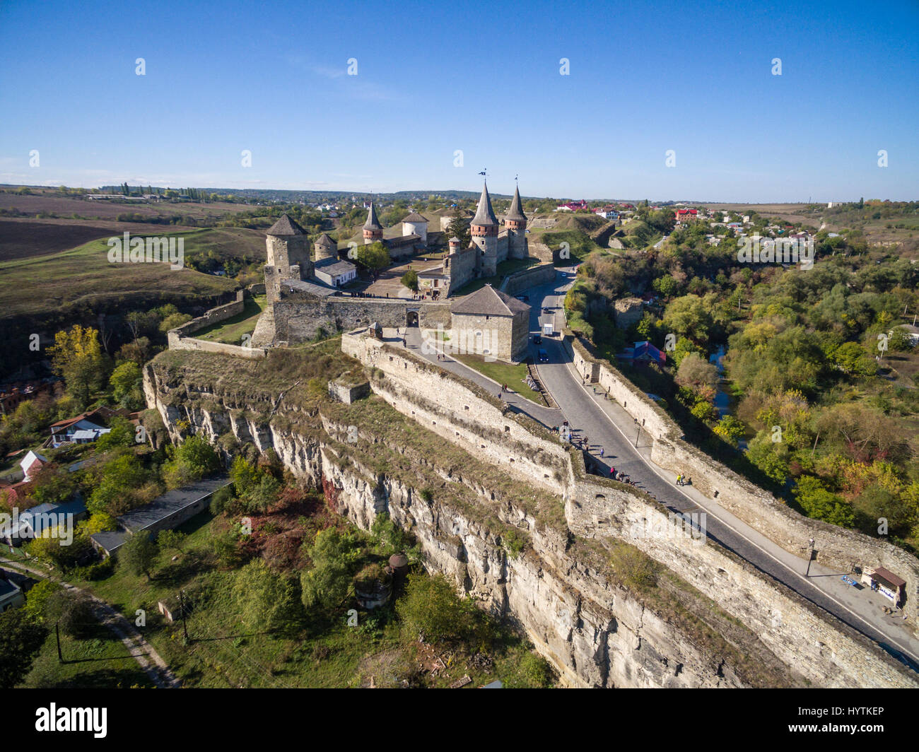 Aerial shot of Kamianets-Podilski castle in Western Ukraine. Taken on a bright clear autumn day with blue skies Stock Photo