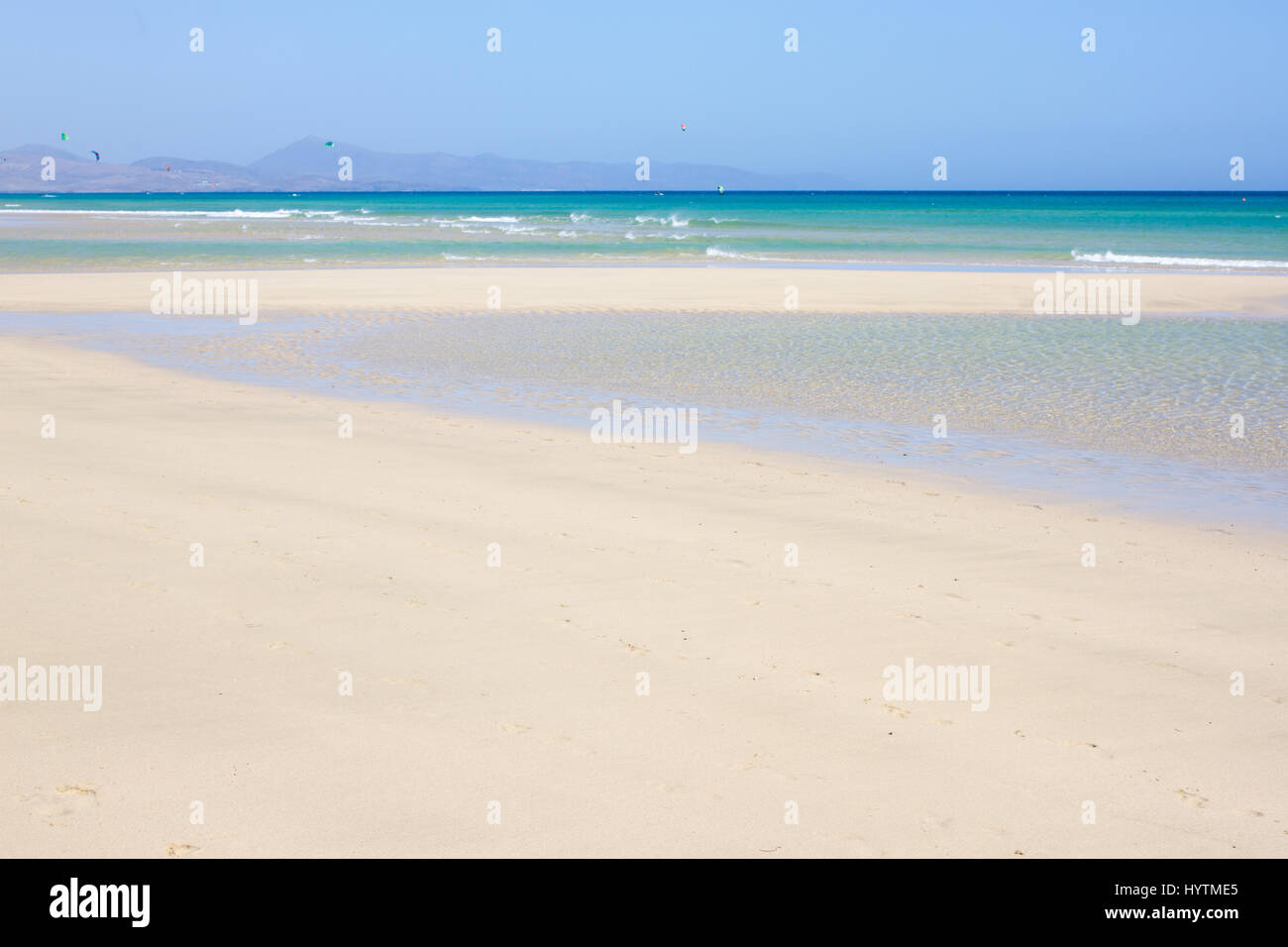 Incredible view of Costa Calma beach, blue clear lagoon. Playa Barca, Fuerteventura, Canary islands, Spain Stock Photo