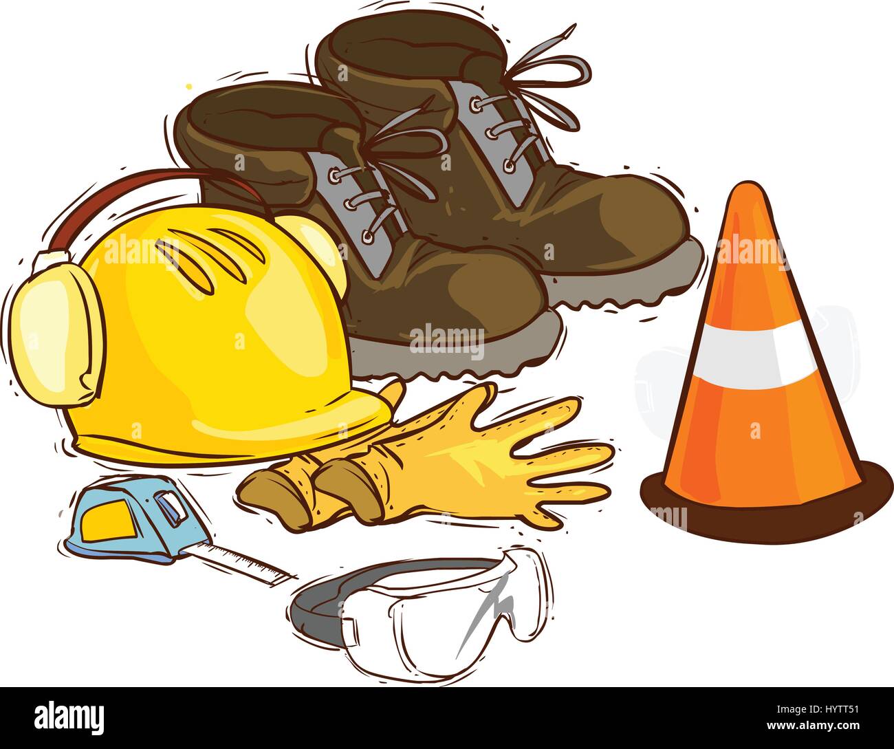 The building tools and protective means. Working boots, tools, building helmet, goggles ,meter gloves, Stock Vector