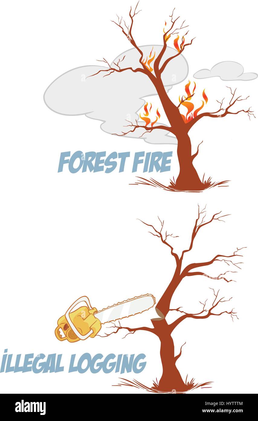 Trees on fire and cut vector illustration set — Stock Illustration Stock Vector