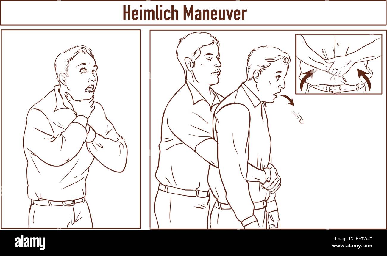 Clip Art of One man stands behind the conscious victim with his hands in the proper position on the victim's abdomen to perform the Heimlich maneuver Stock Vector