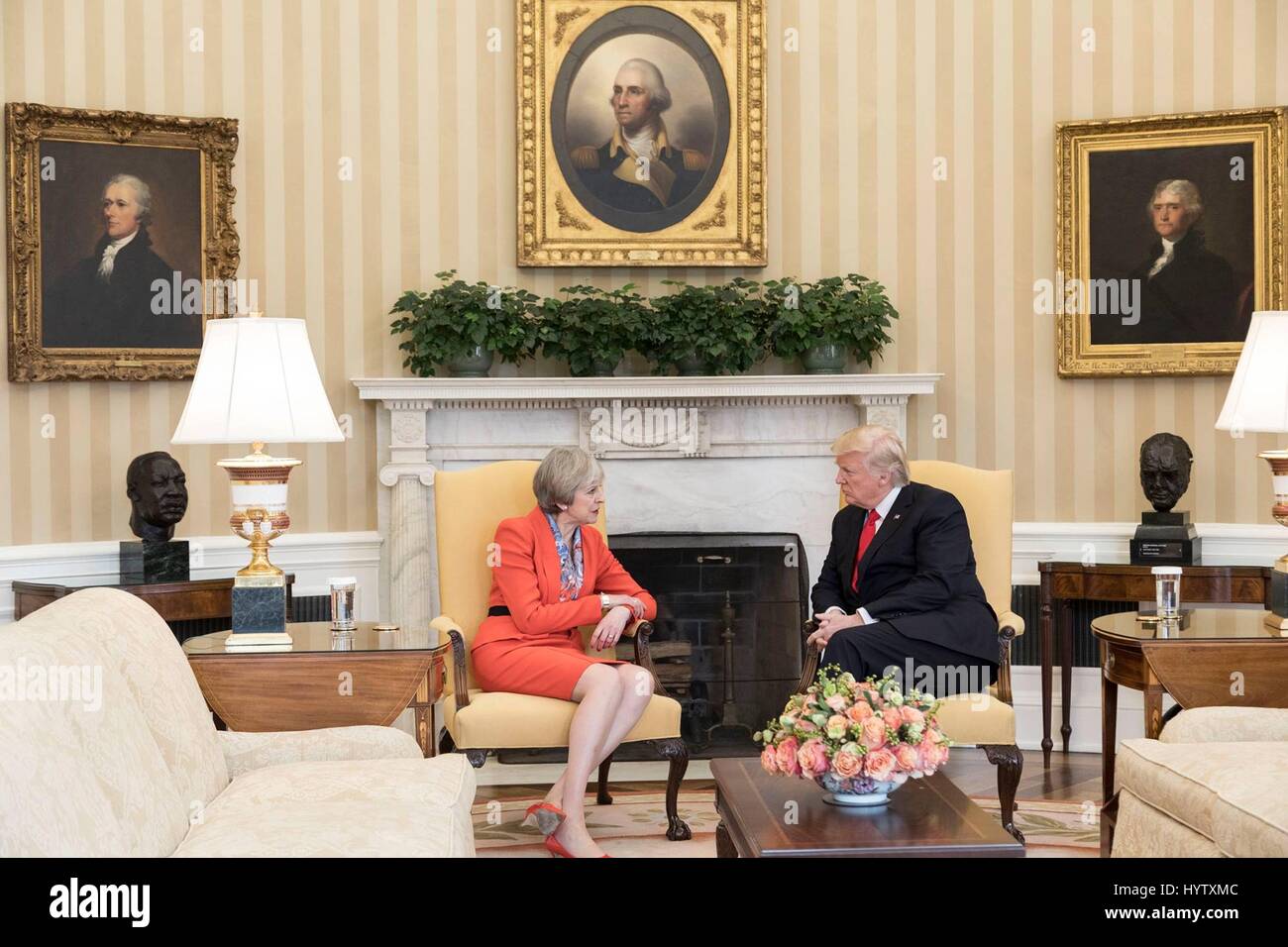 U.S President Donald Trump during his bilateral meeting with British Prime Minister Theresa May in the Oval Office of the White House January 27, 2017 in Washington, DC. Stock Photo