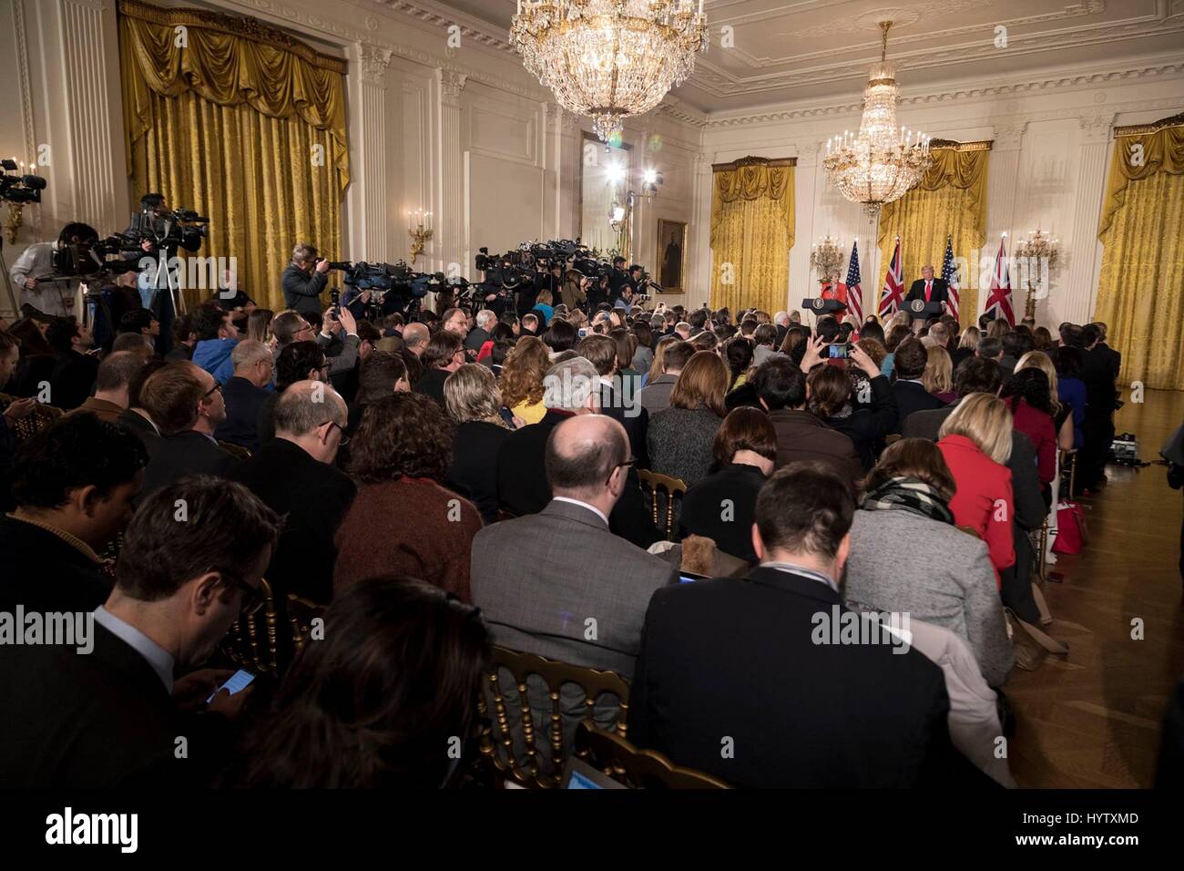 U.S President Donald Trump and British Prime Minister Theresa May hold a joint press conference in the East Room of the White House January 27, 2017 in Washington, DC. Stock Photo