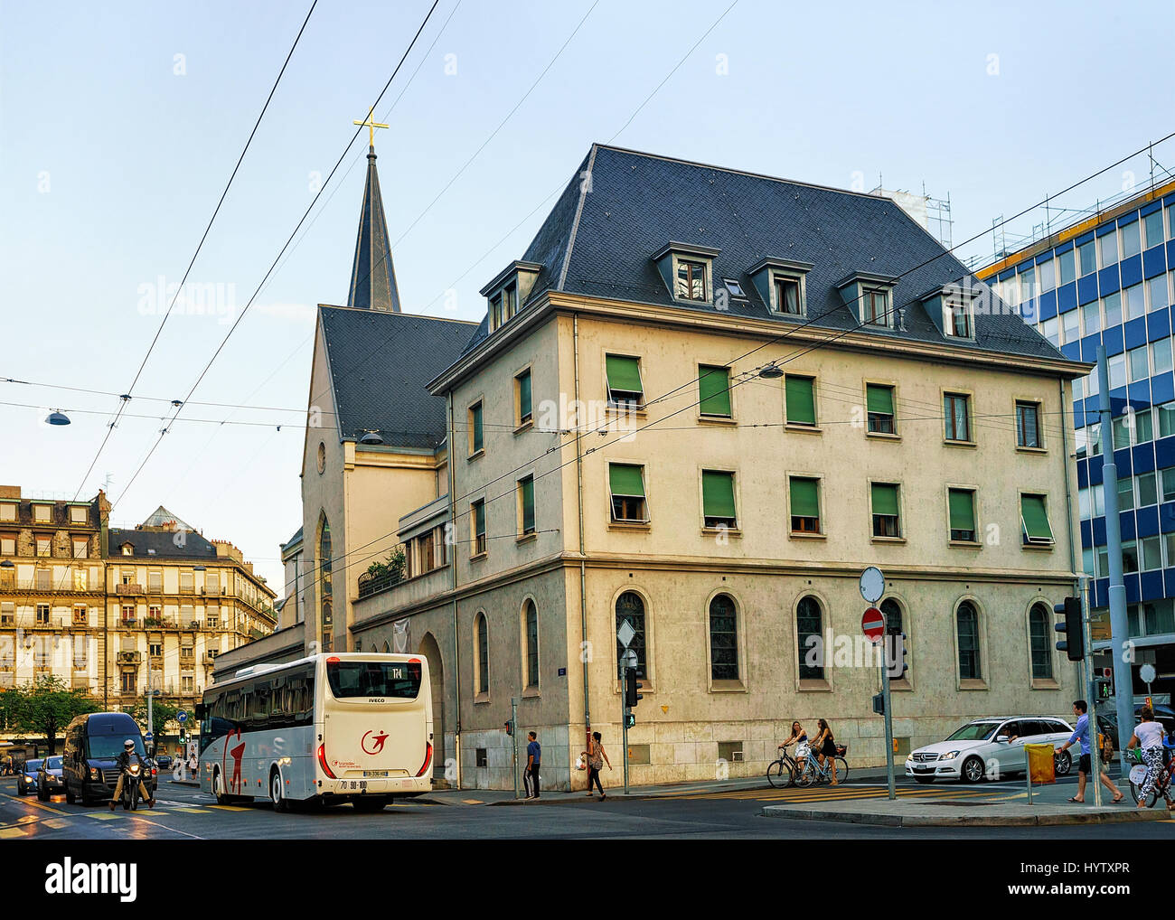 Geneva, Switzerland August 30, 2016 Church and traffic in the Street