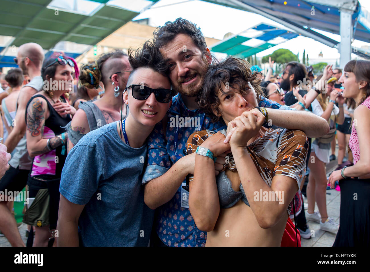 BARCELONA - JUN 16: People dance in a concert at Sonar Festival on June 16, 2016 in Barcelona, Spain. Stock Photo