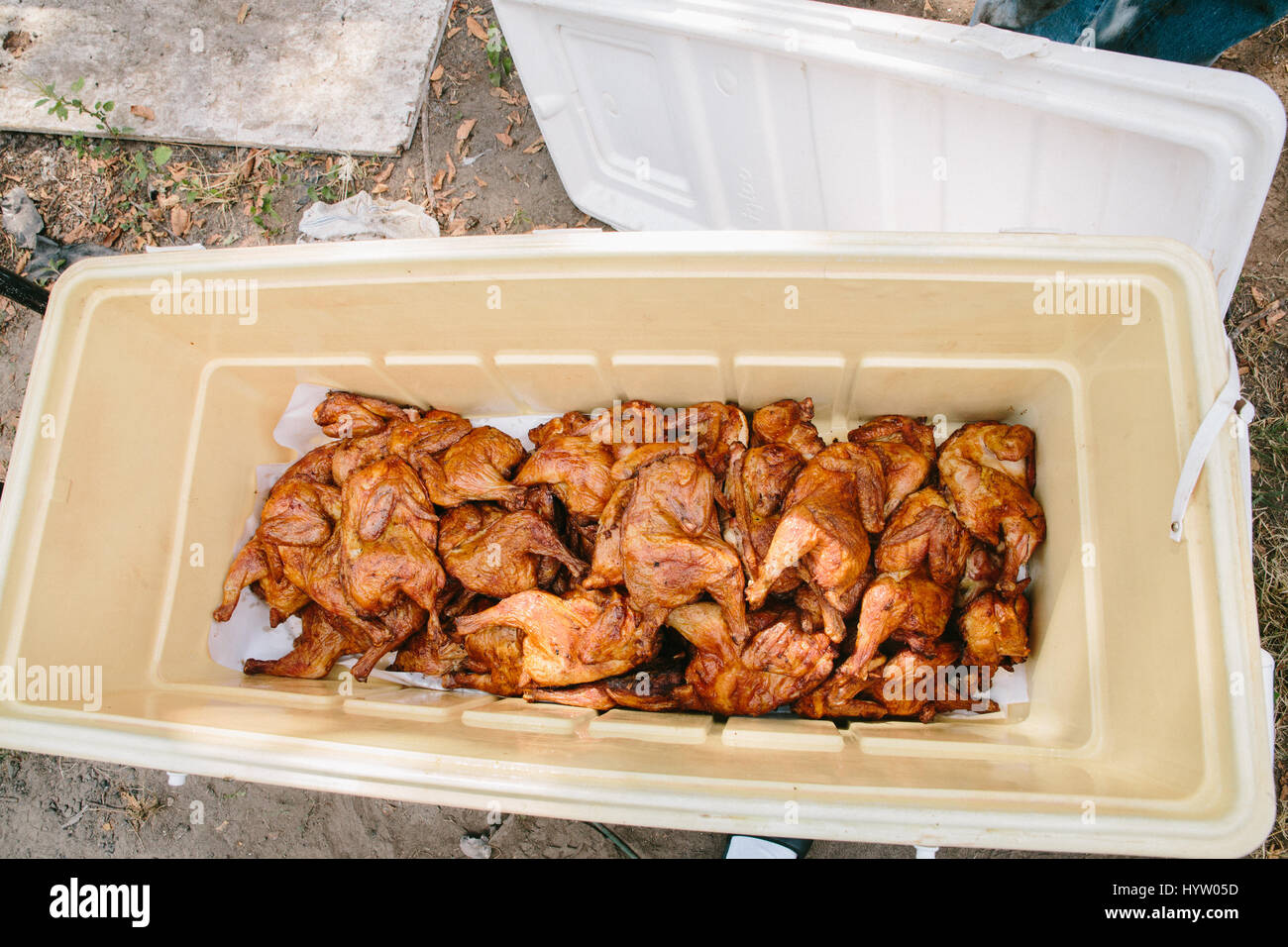 Pile of Cooked BBQ Chicken in Texas, USA Stock Photo