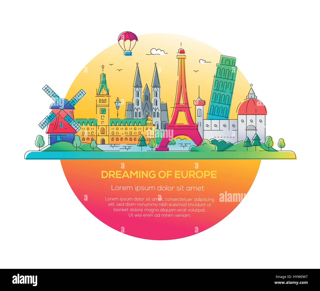 Dreaming of Europe - vector line travel illustration Stock Vector