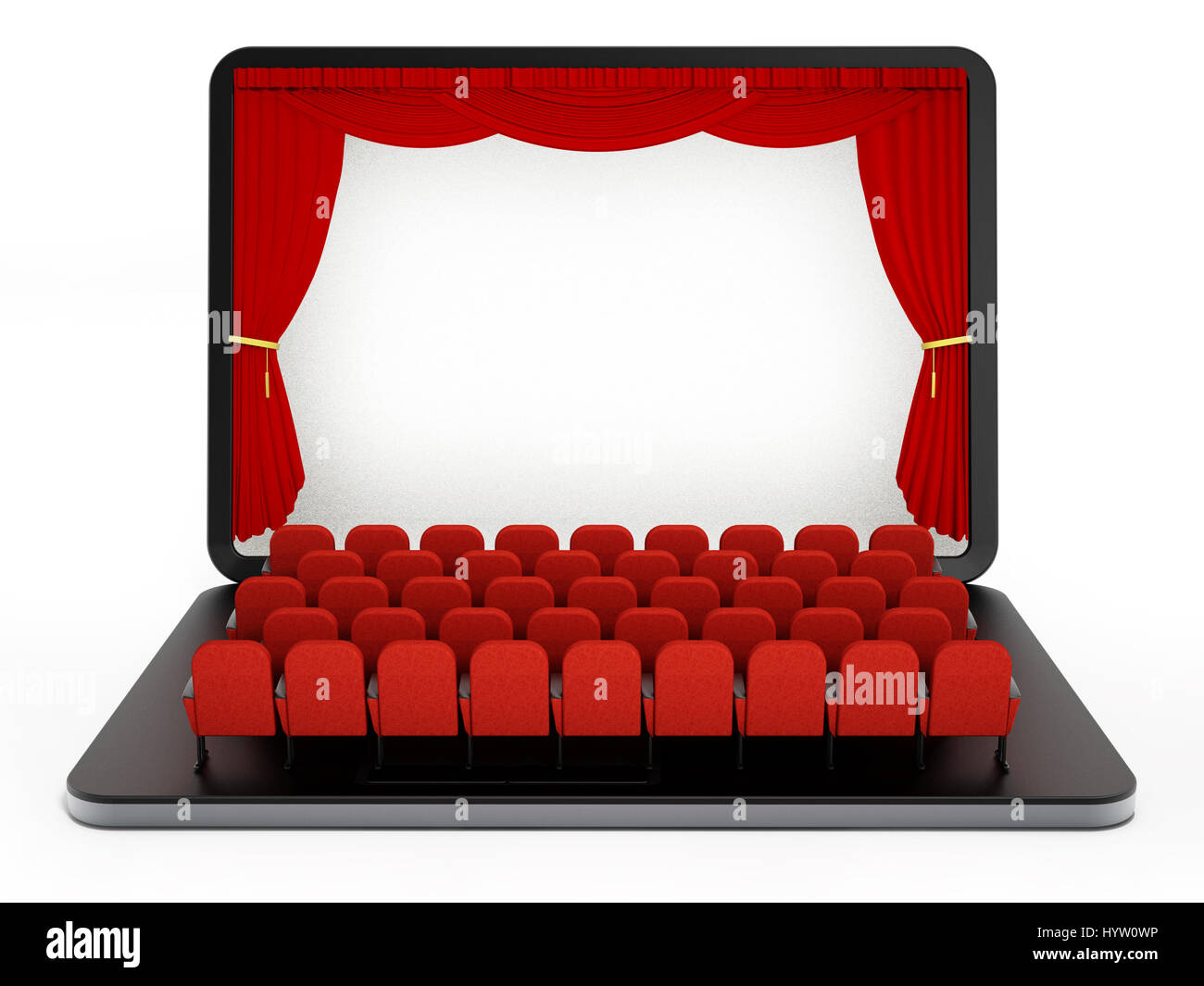 Red seats on laptop computer with blank screen. 3D illustration. Stock Photo