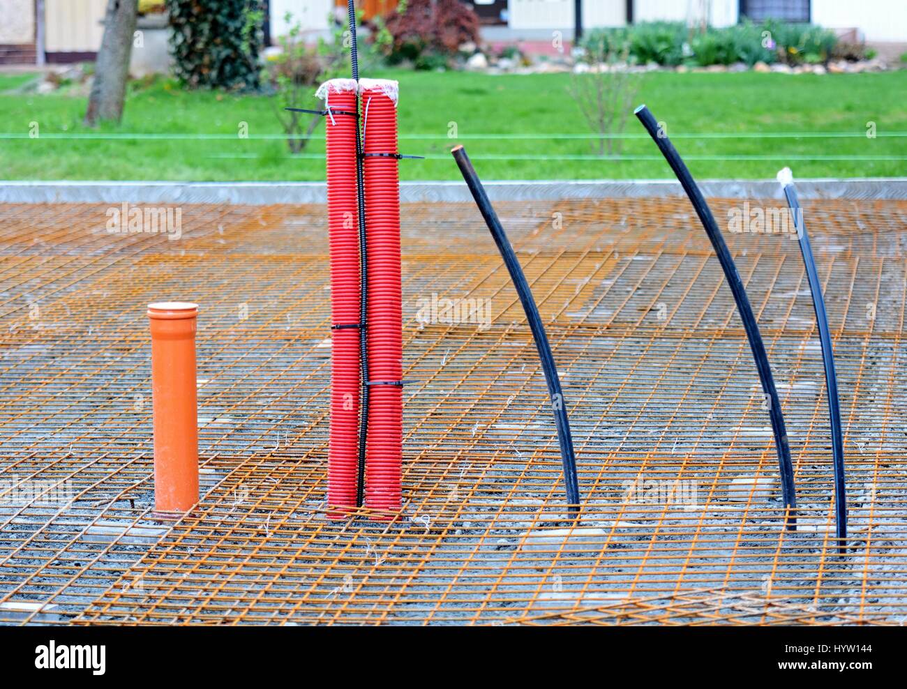 Plastic Conduits Installed in new Building House Foundations. Water