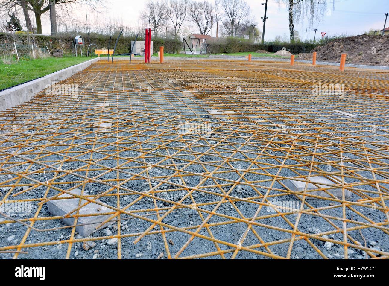 Newly Built House Foundations with Reinforcing Wire Mesh Ready for