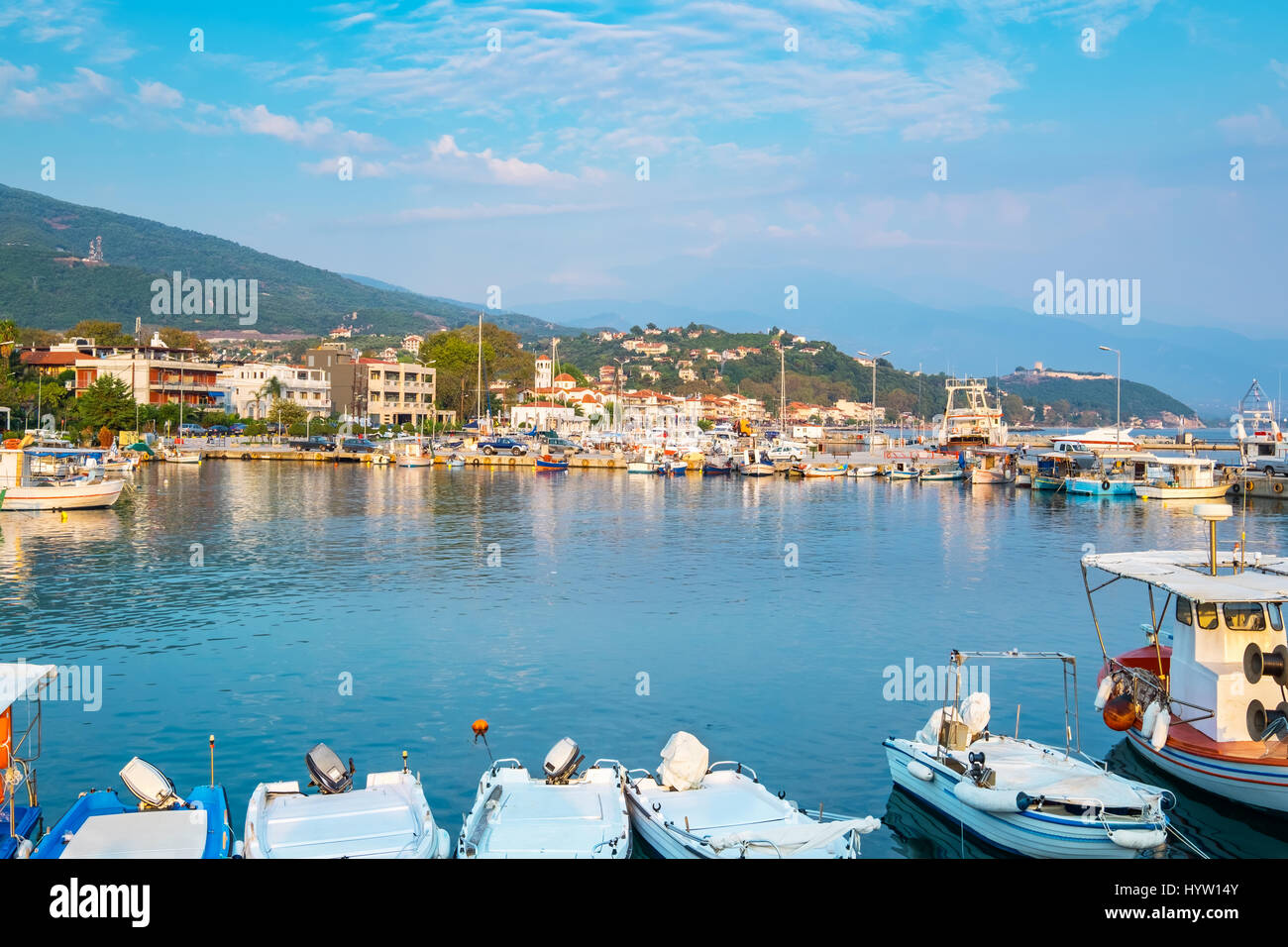 Fishing boat in the harbour of Platamonas. Pieria, Central Macedonia, Greece, Europe Stock Photo