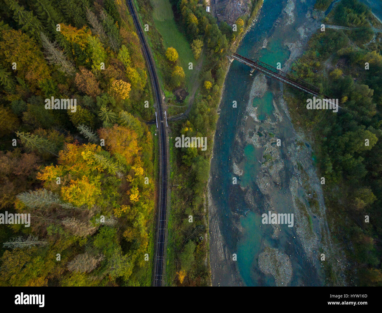 Aerial of autumn trees in Carpathian mountains Ukraine Stock Photo