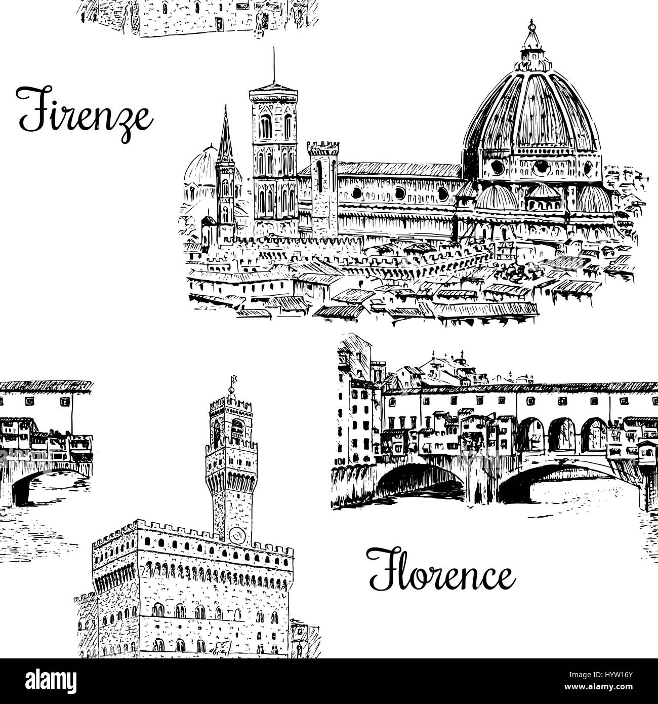 Set of Florence symbols. Duomo Santa maria del fiore, Palazzo Vecchio or Palazzo della Signoria, Ponte Vecchio bridge. Hand drawn sketch seamless patt Stock Vector