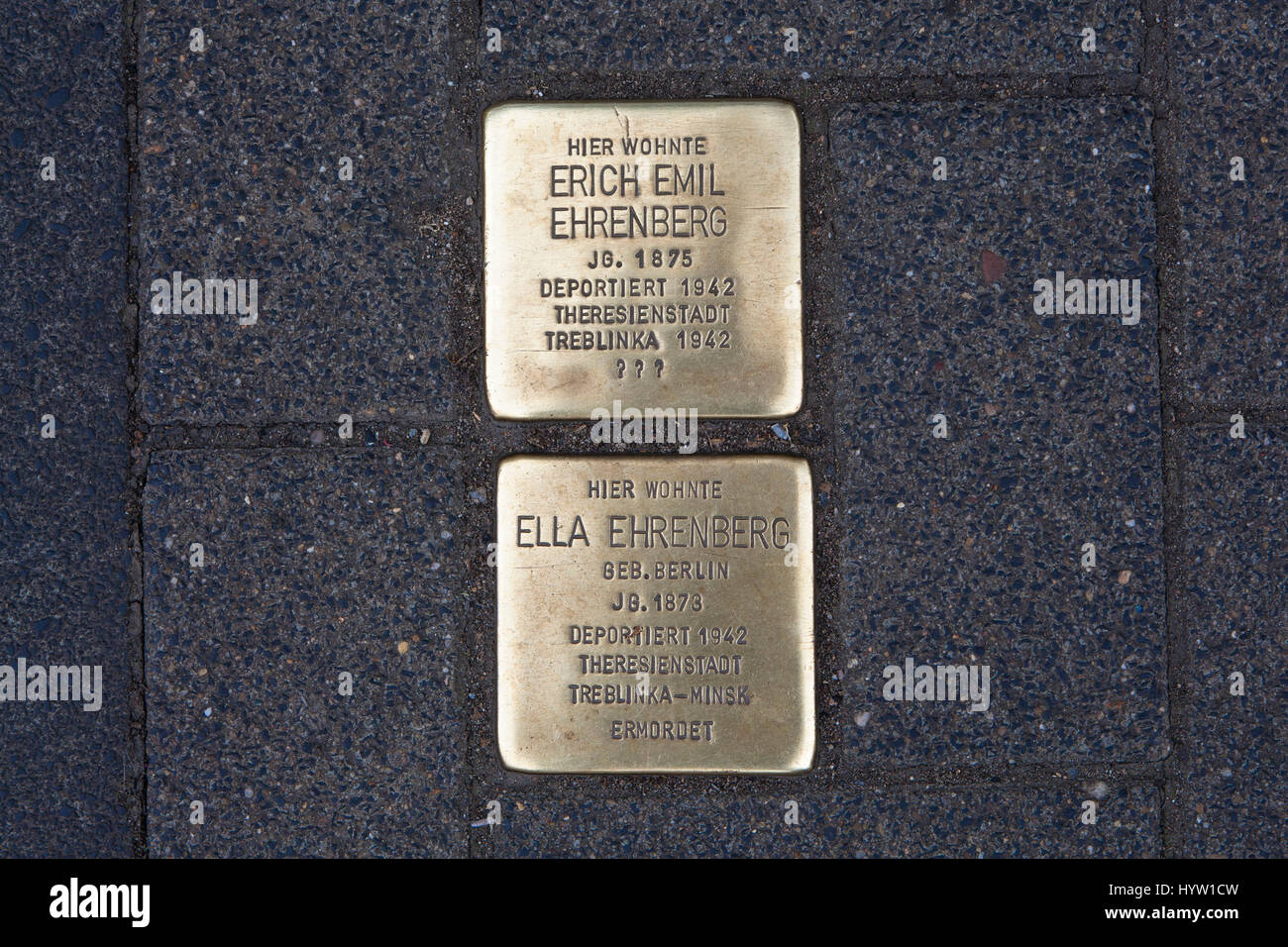 Germany, Cologne, Stolpersteine (stumbling stones) by the artist Gunter Demnig. The stones commemorate the victims of National Socialism (Nazi time). Stock Photo