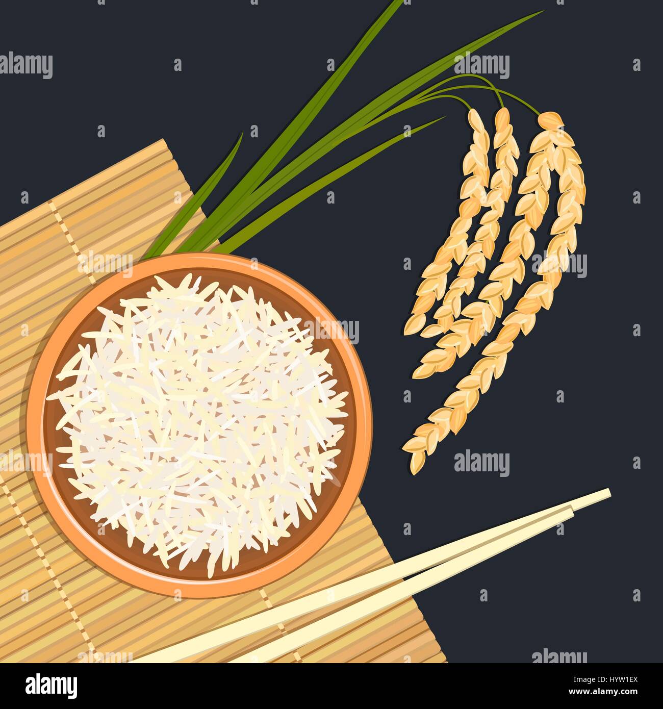 Rice in ceramic bowl with chopsticks. Kitchen bamboo mat, spikelet. Text high quality. Vector illustration. For culinary, cafe, fastfood, shop, restau Stock Vector
