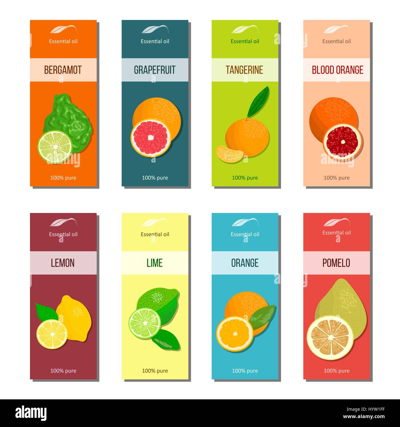 Essential oil labels set. Bergamot, lemon, grapefruit, lime, mandarin, pomelo, orange, blood orange 8 stripes collection For cosmetics perfume health  Stock Vector