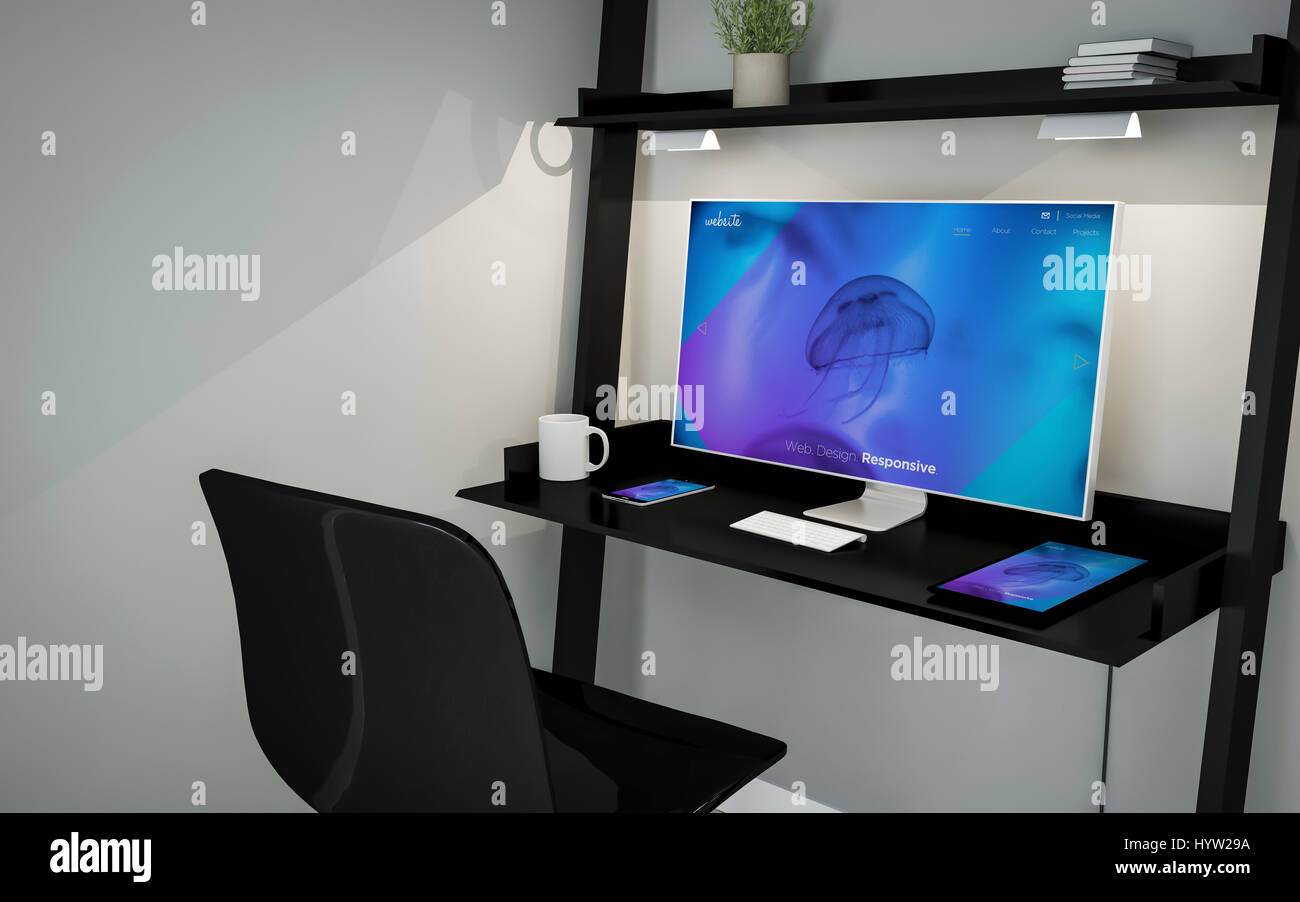 3d rendering of desktop in a shelves Stock Photo - Alamy