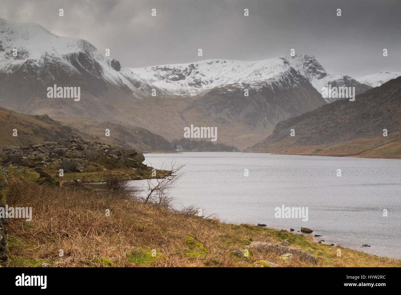Llyn Ogwen on a rainy day in winter, Snowdonia National Park, Wales Stock Photo