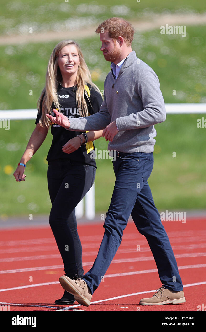 Prince Harry with Jayne Kavanagh, Invictus Games UK Team Chef de Mission, as he watches the UK team trials for the Invictus Games Toronto 2017 at the University of Bath Sports Training Village in Bath. Stock Photo
