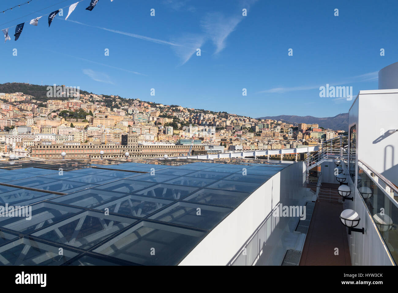 Genoa, Liguria, Italy - February 26, 2017: Cityscape view of Genoa town from open upper deck of cruise liner MSC Splendida Stock Photo