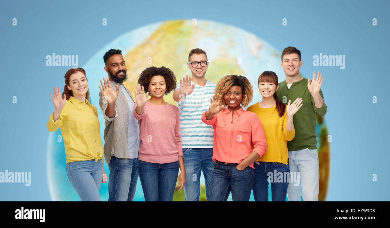 international group of happy people waving hand Stock Photo - Alamy