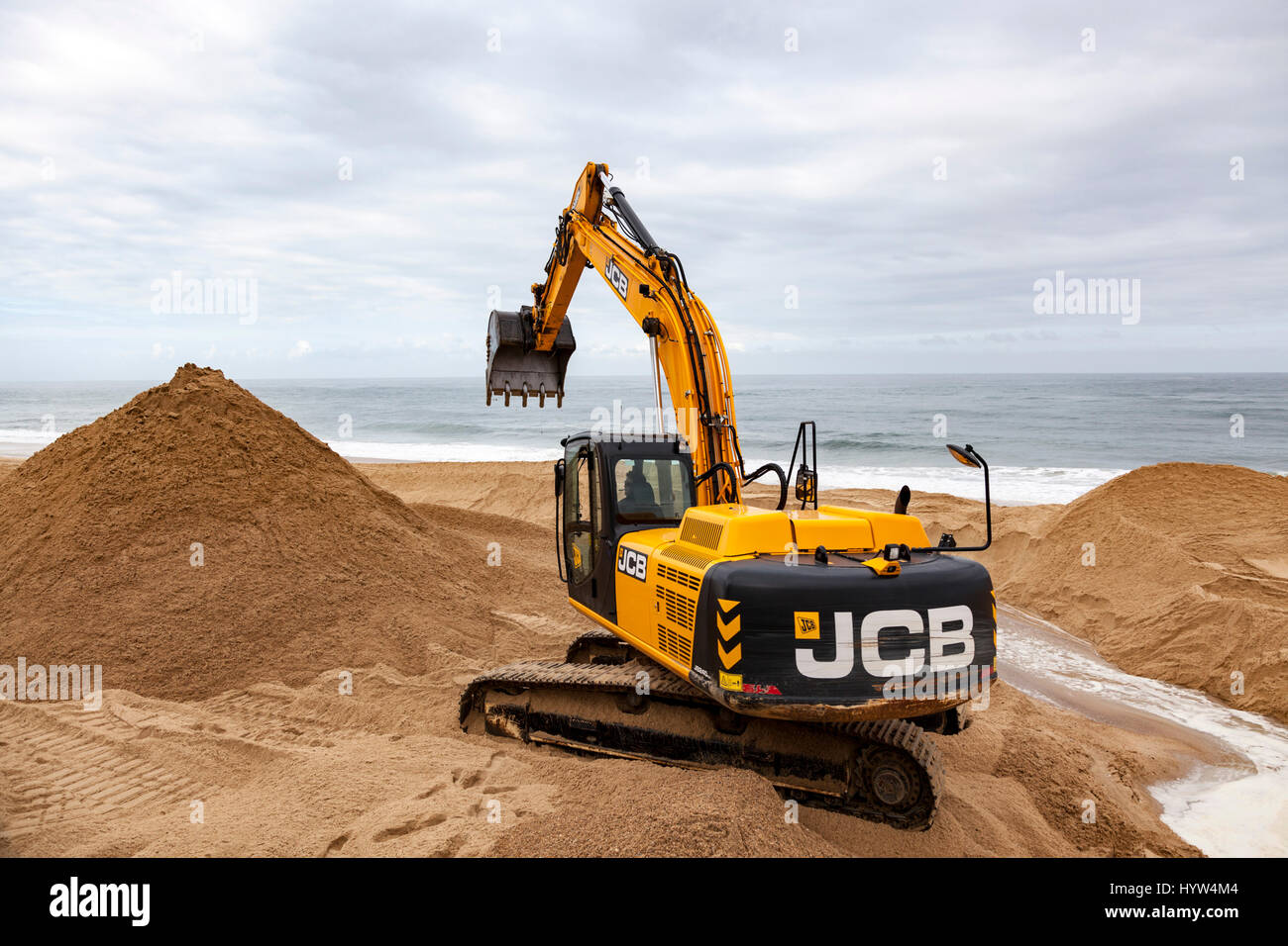 Hydraulic transfer system of sand, at Capbreton (Landes - France). With aid of a bypass, 100,000 cubic metres of sand excess is transferred each year  Stock Photo